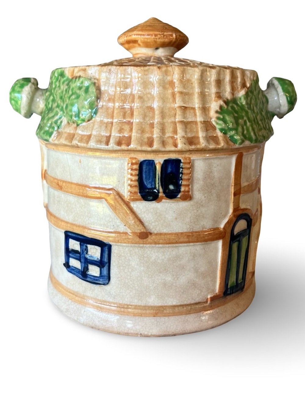 Vintage Japanese Majolica Cottage Biscuit Jar